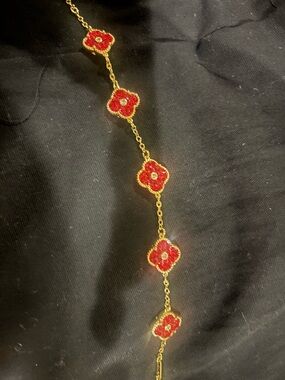 Gold-Tone Bracelet with Red Floral Charms
